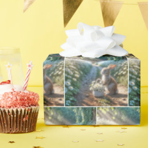 Papier Cadeau Lapin avec un panier de marguerites blanches