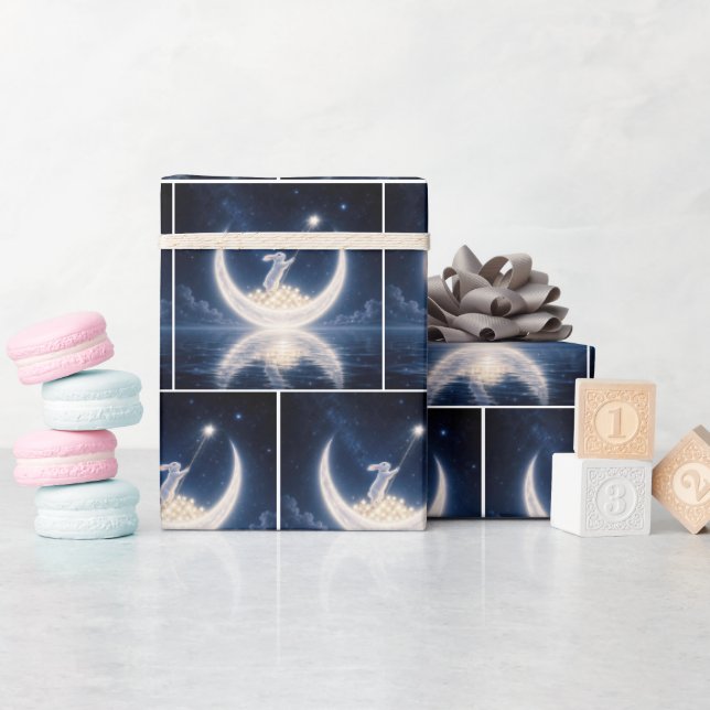 Papier Cadeau Lapin Blanc Collectant des Étoiles (Baby Shower)