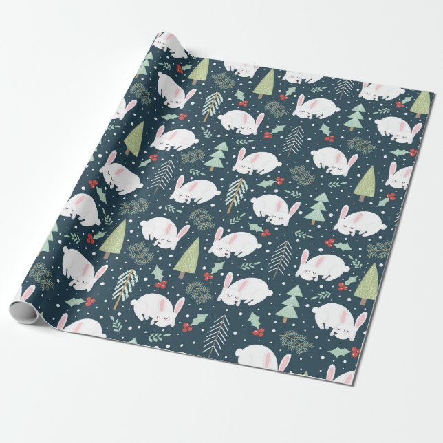 Papier Cadeau Lapin blanc de neige d'hiver (Déroulé)