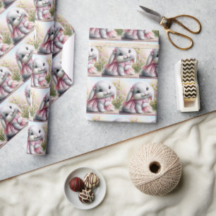 Papier Cadeau Lapin Blanc Portant une robe de dentelle rose