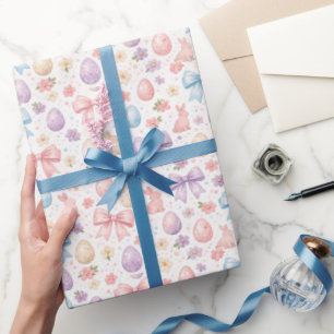 Papier Cadeau Lapin Coquette Aquarelle Rubans Roses Pâques
