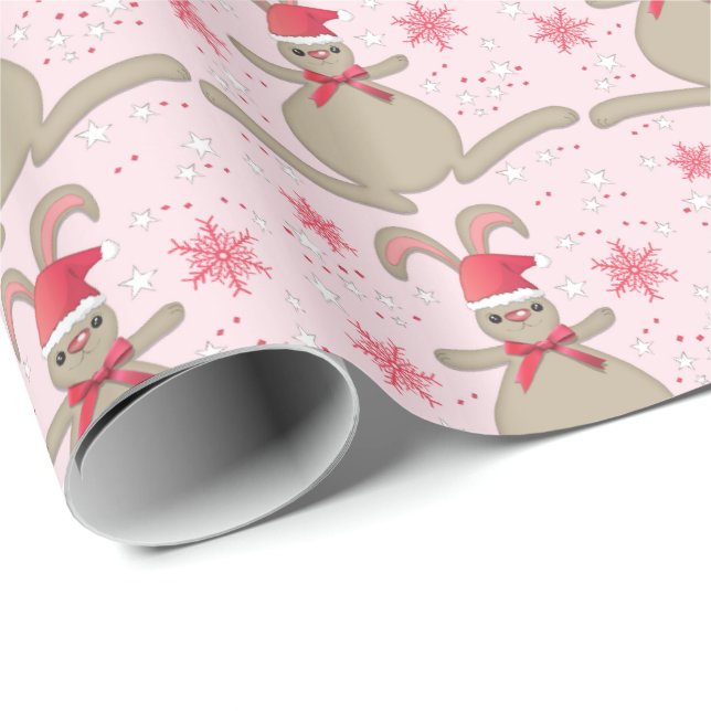 Papier Cadeau Lapin de Noël Lapin Santa Hat Pink Noël (Coin rond)