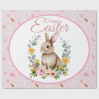 Papier Cadeau Lapin de Pâques à l'aquarelle avec couronne floral