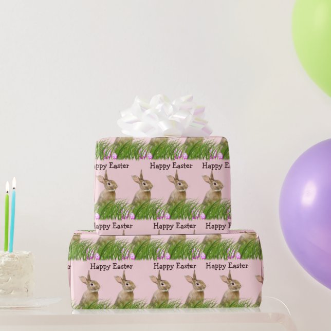 Papier Cadeau Lapin de Pâques dans l'herbe avec des oeufs (Cadeaux de fête)