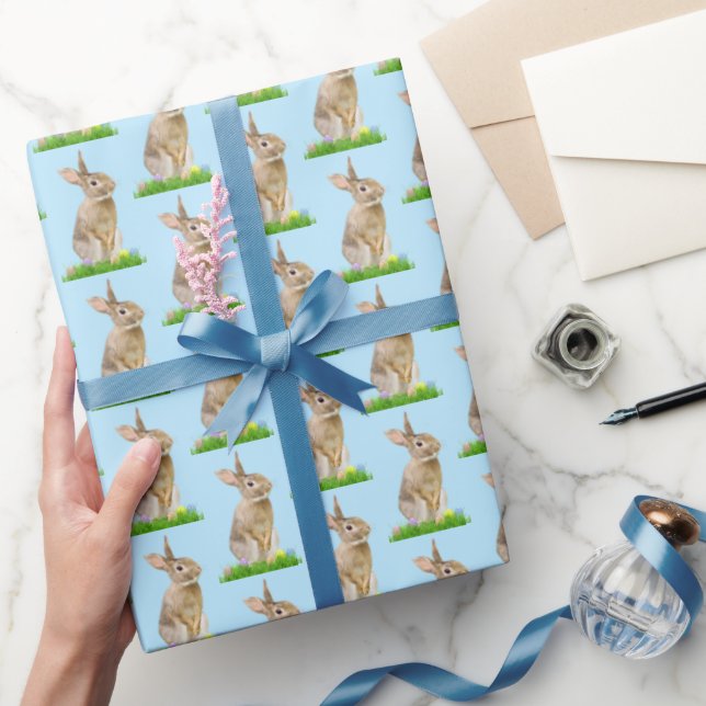 Papier Cadeau Lapin de Pâques et oeufs sur le bleu (Cadeaux)