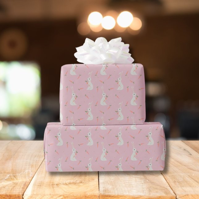 Papier Cadeau Lapin de Pâques mignon et motif de carotte sur ros (Créateur téléchargé)