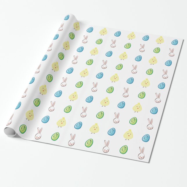 Papier Cadeau Lapin de Pâques, poussins et oeufs de Pâques (Déroulé)