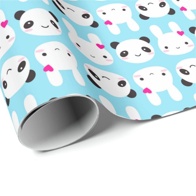 Papier Cadeau Lapin et panda mignons superbes de Kawaii (Coin rond)