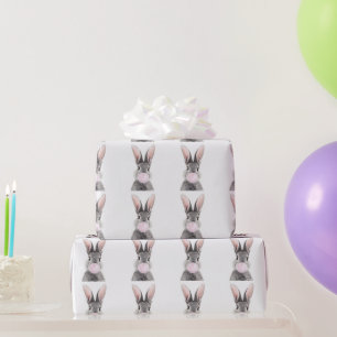 Papier Cadeau Lapin gris soufflant bulle rose gomme
