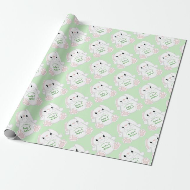 Papier Cadeau Lapin Lapin Baby shower Vert (Déroulé)