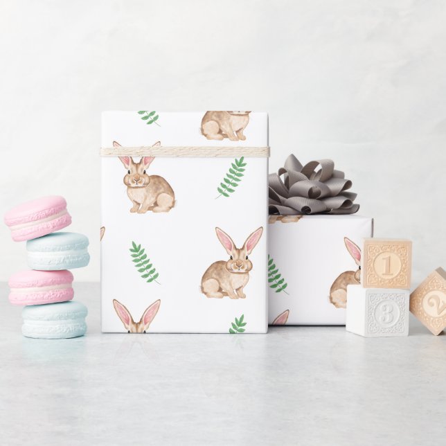 Papier Cadeau Lapin mignon aquarelle avec verdure (Baby Shower)