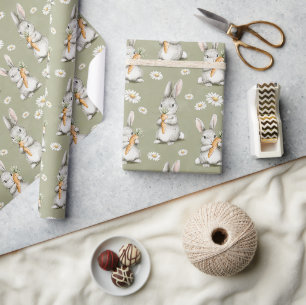 Papier Cadeau Lapins avec Carottes Fleurs Vertes de Daisy Annive