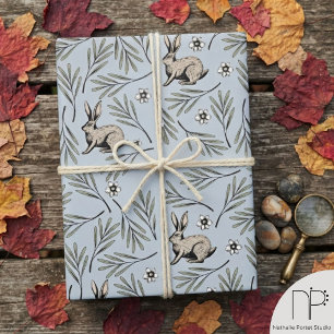 Papier Cadeau Lapins bleus d'hiver et motifs floraux 