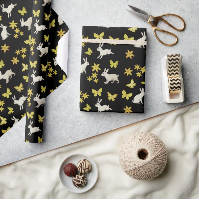 Papier Cadeau lapins et papillons jaunes (Artisanat)