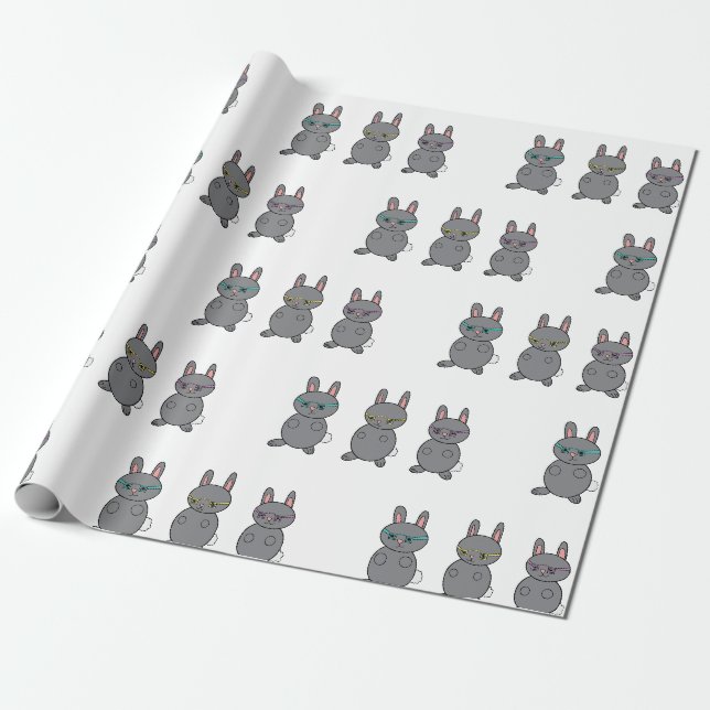 Papier Cadeau Lapins Gris Portant des lunettes Bleu Jaune Violet (Déroulé)