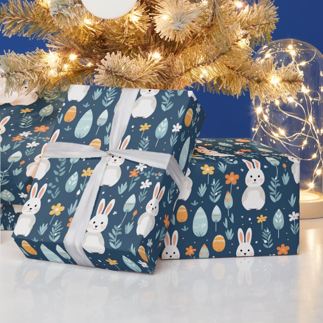 Papier Cadeau Lapins Oeufs Fleurs Bleues Et Oranges (Vacances)