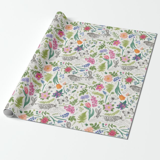 Papier Cadeau Lapins, papillons et fleurs (Déroulé)