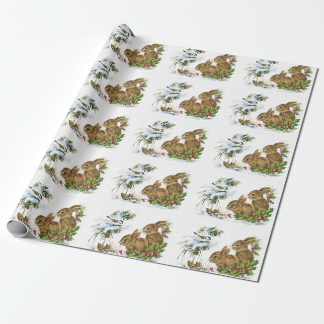 Papier Cadeau Lapins vintages d'hiver (Déroulé)