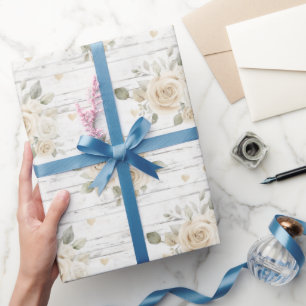 Papier Cadeau Lavage de Mariage Bohème Florale Blanc Crème Roman