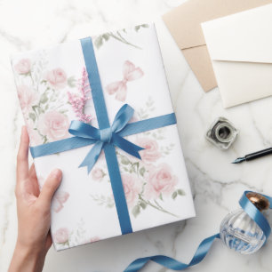 Papier Cadeau Lavande Rubans Roses Floral Mariage
