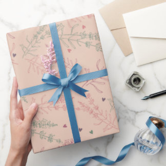 Papier Cadeau Lavande Twig Coeurs Dessin Minimaliste