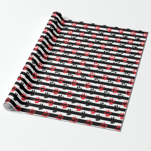 Papier Cadeau Lavette Noir Rouge Sur Bandes Blanches Noires (Déroulé)