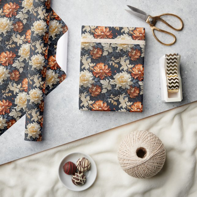 Papier Cadeau Lavish boho fleurs terracotta cuivre brûlé orange (Artisanat)