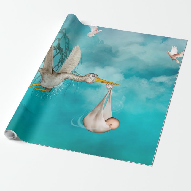 Papier Cadeau Le bébé mignon vient avec la cigogne (Déroulé)