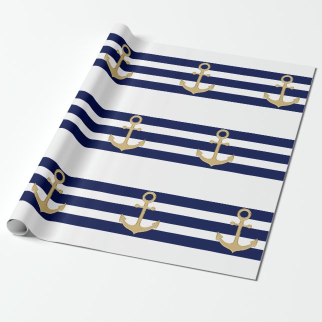 Papier Cadeau Le blanc nautique de bleu marine barre l'Ancre (Déroulé)