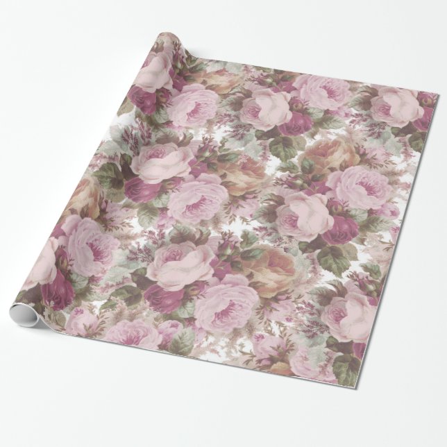 Papier Cadeau Le cru rougissent peinture florale de roses roses (Déroulé)