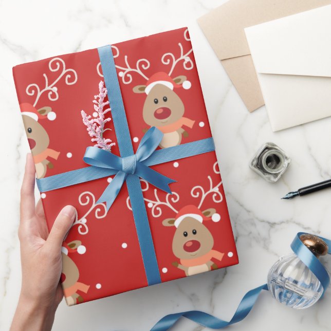 Papier Cadeau Le mignon Rudolph, dessin animé de rennes à nez ro (Cadeaux)