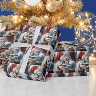 Papier Cadeau Le Père Noël tient un pingouin Globe de neige