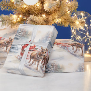 Papier Cadeau Le Père Noël traverse une forêt enneigée avec joie