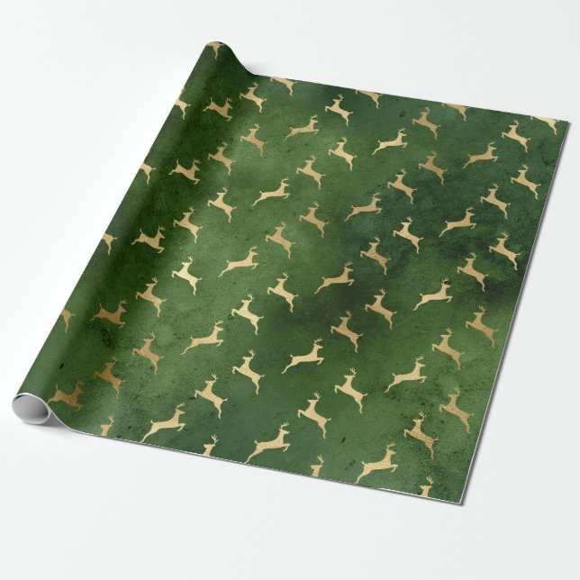 Papier Cadeau Le renne de Noël d'or sur le vert (Déroulé)