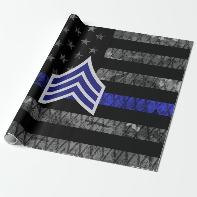 Papier Cadeau Le sergent Stripes Mince Ligne Bleue Distressed Dr (Déroulé)