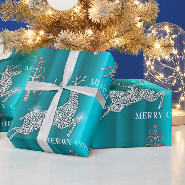 Papier Cadeau Leaping Reindeer Sparkles Merry Christmas Aqua (Vacances)