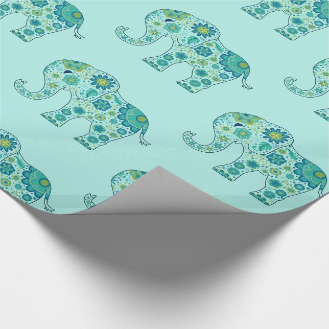 Papier Cadeau L'éléphant fleurit Teal (Coin)
