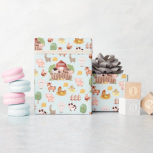 Papier Cadeau Les animaux de ferme mignons sur le bleu marial