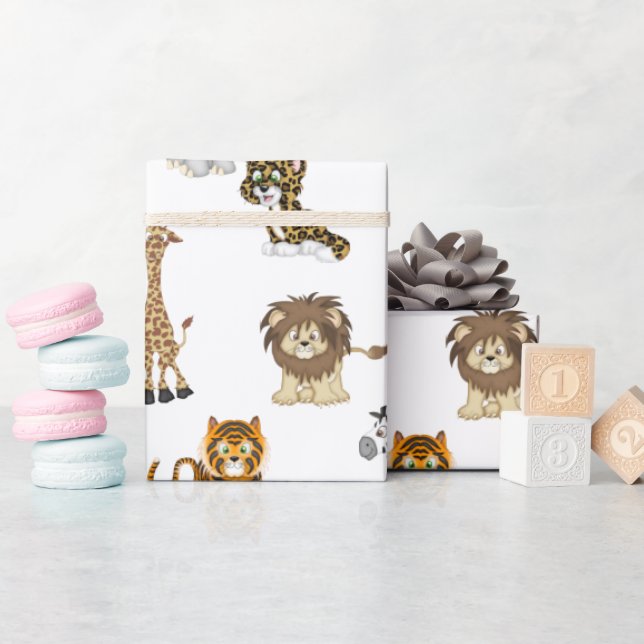 Papier Cadeau Les Animaux De La Jungle En Blanc (Baby Shower)