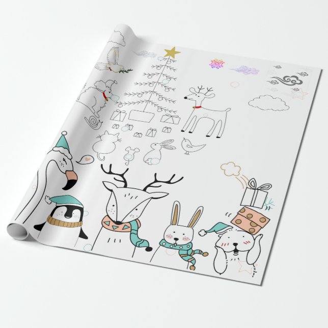 PAPIER CADEAU LES ANIMAUX FORESTIERS COUPÉS AU BLOC DE NOËL (Déroulé)