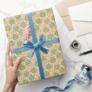 Papier Cadeau les années 70 Fleurs Abstraites rétros Vert Jaune 