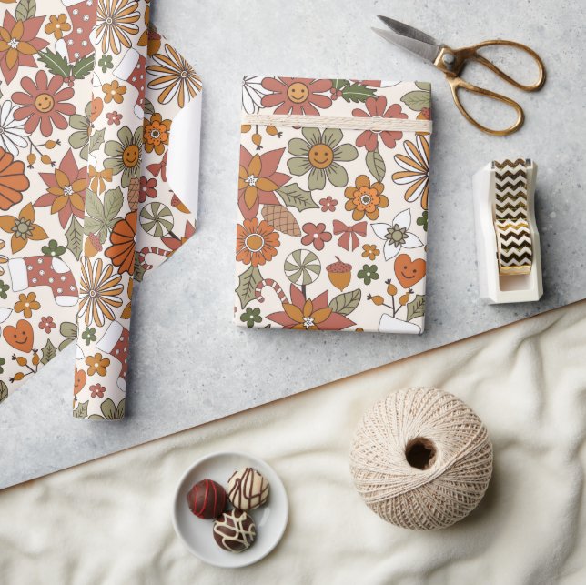 Papier Cadeau les années 70 Nostalgie Retro Fleur Super Noël (Artisanat)