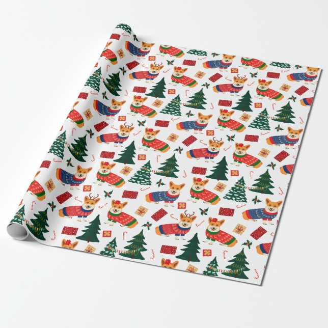 Papier Cadeau Les Corgis fêtent Noël - motif blanc (Déroulé)