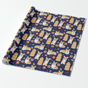 Papier Cadeau Les Corgis fêtent Noël - motif bleu
