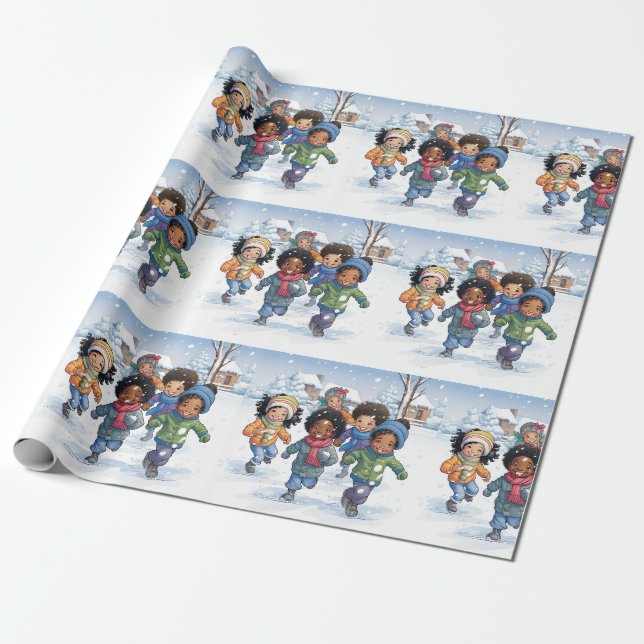 Papier Cadeau Les enfants afro-américains jouent dans la neige (Déroulé)