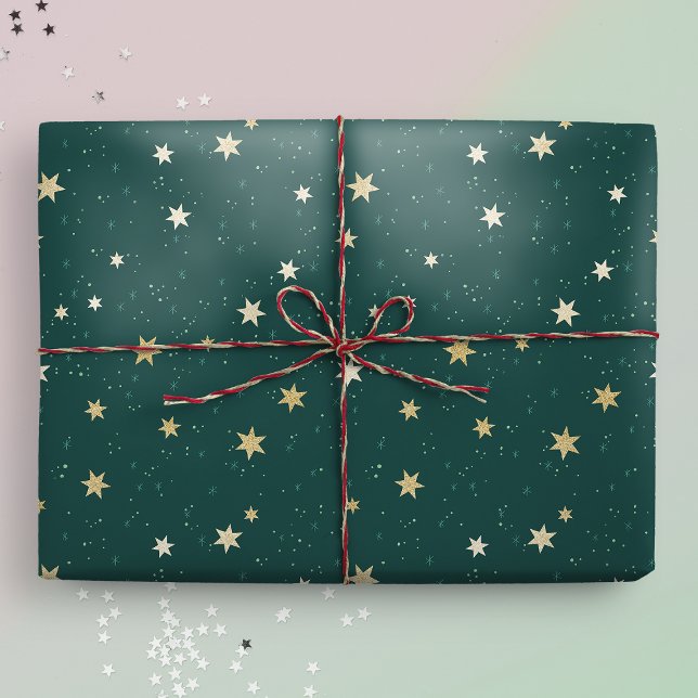 Papier Cadeau Les étoiles d'or sur le ciel vert Noël (Gift mockup)