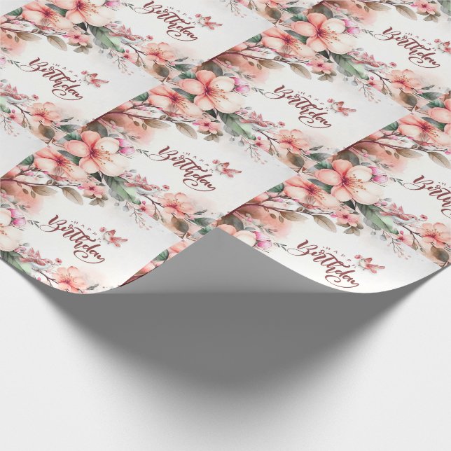 Papier Cadeau Les fleurs de Magnolia rose et les oiseaux Joyeux  (Coin)