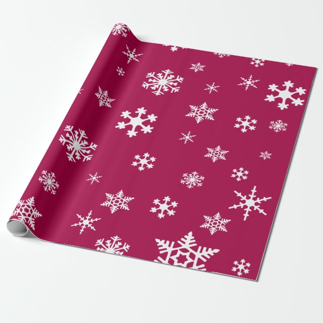 Papier Cadeau Les flocons blancs sur le rose des framboises fonc (Déroulé)
