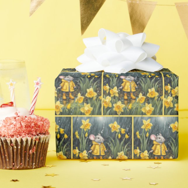 Papier Cadeau Les jonquilles et la souris dans la pluie (Fête d'anniversaire)