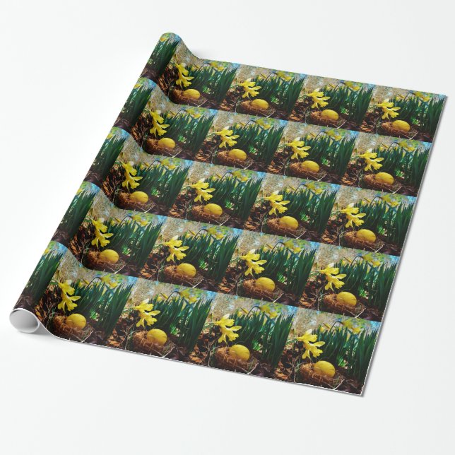 Papier Cadeau Les jonquilles jaunes et un oeuf de Pâques jaune (Déroulé)